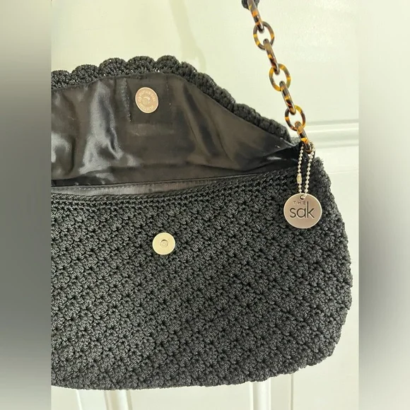 The Sak Black Crochet Flap Snap Closure Faux Tortoise Links Shoulder Mini Bag - Picture 1 of 11